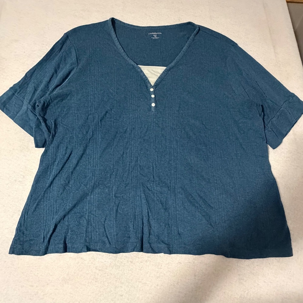 Croft & Barrow Womens 3X Teal Blue Ribbed Henley V-Neck Short Sleeve Top Plus